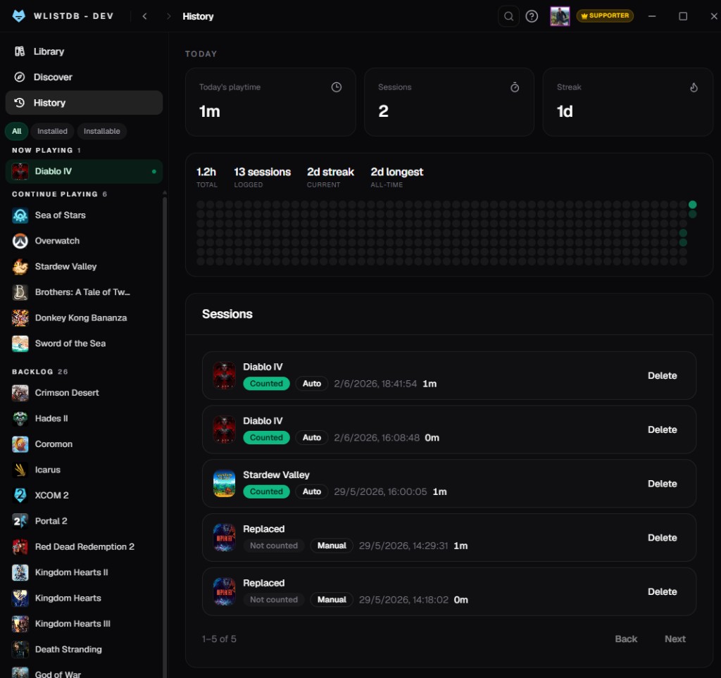 WListDB Desktop — play history and sessions