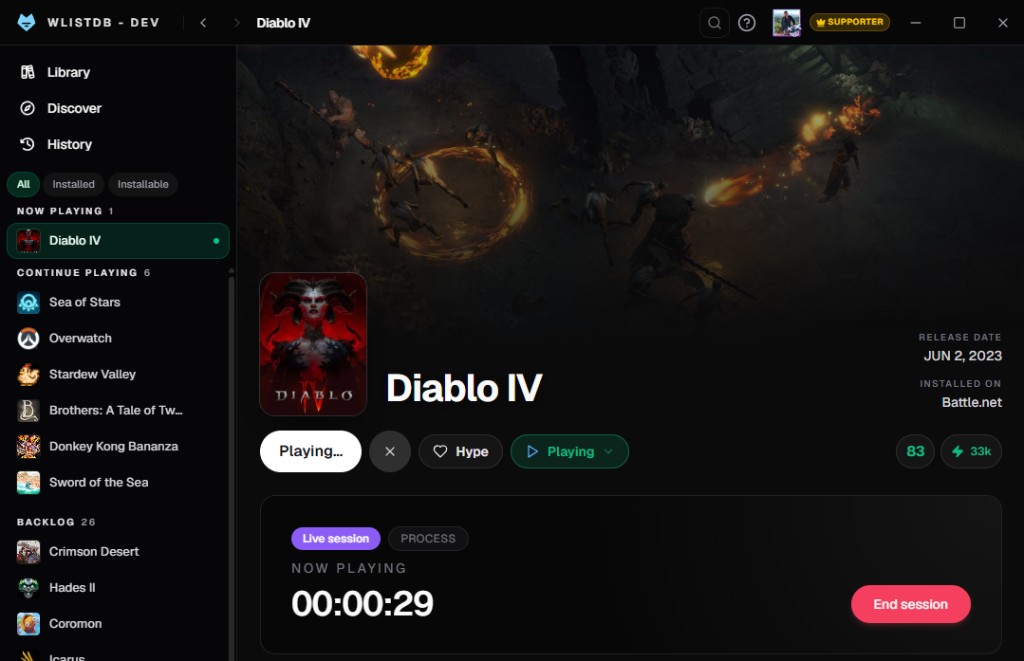 WListDB Desktop — live session tracking a game