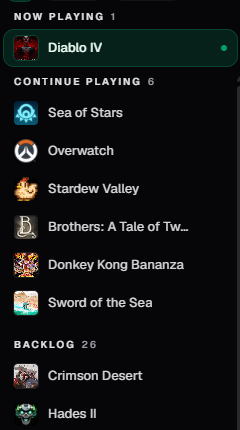 WListDB Desktop — sidebar with games grouped by status